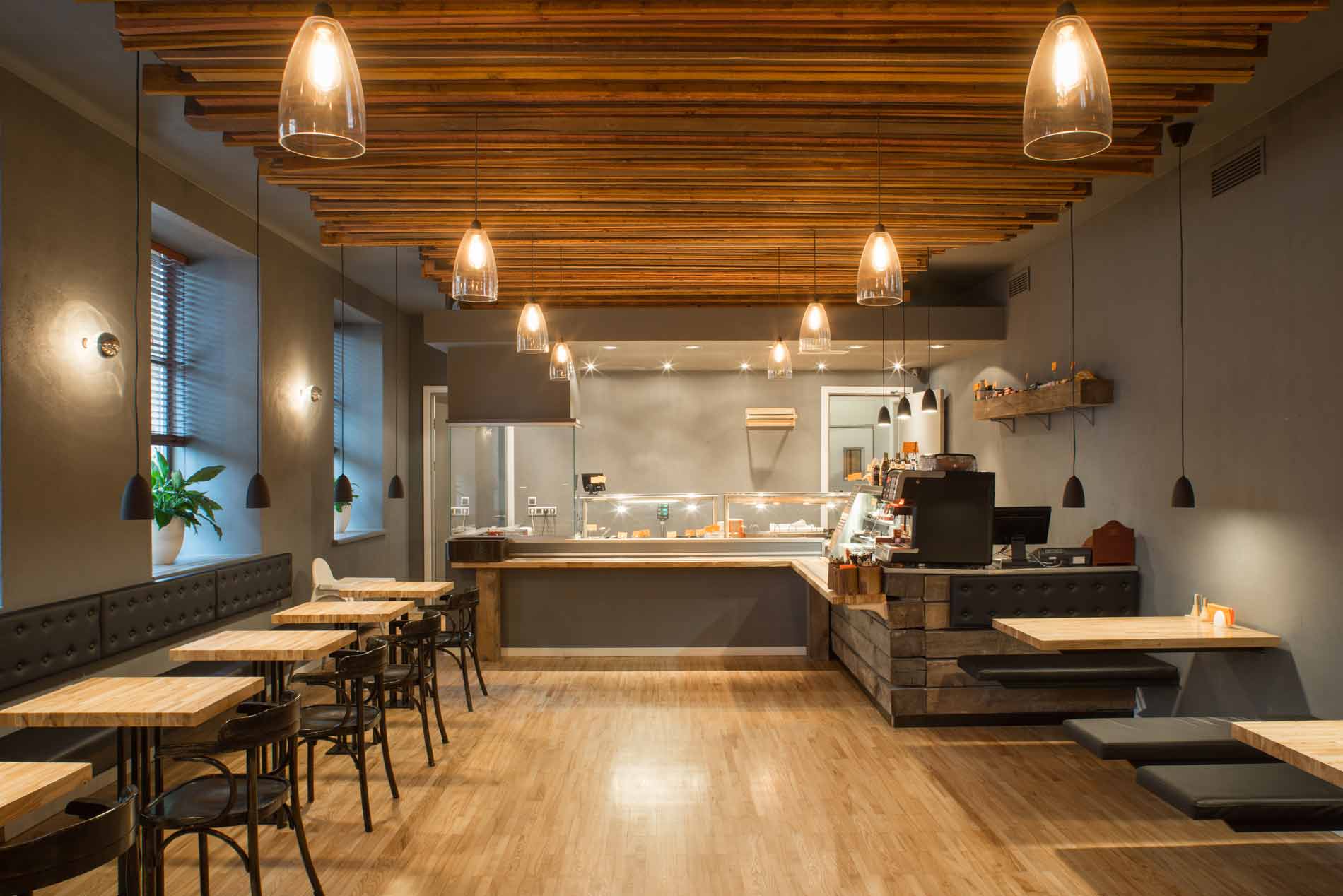Commercial lighting installation in a restaurant dining area
