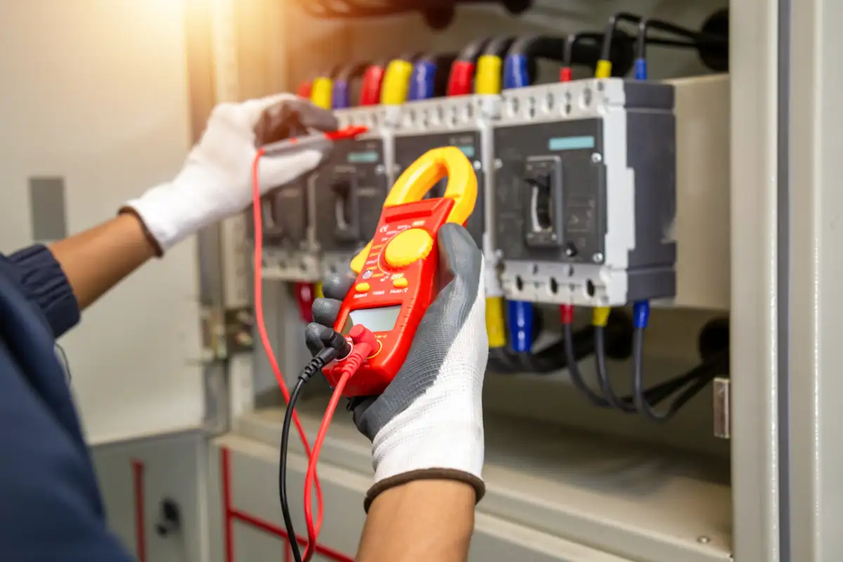 Electrician testing a commercial electrical panel in Haltom City, TX
